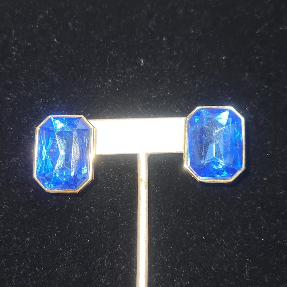 Vintage Emerald Cut Blue  Glass Stud Earrings Gold Tone Statement Jewelry